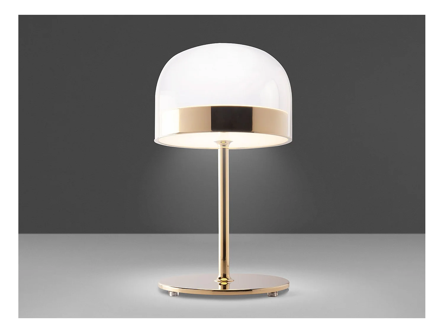 Lampada da tavolo in acciaio e vetro trasparente