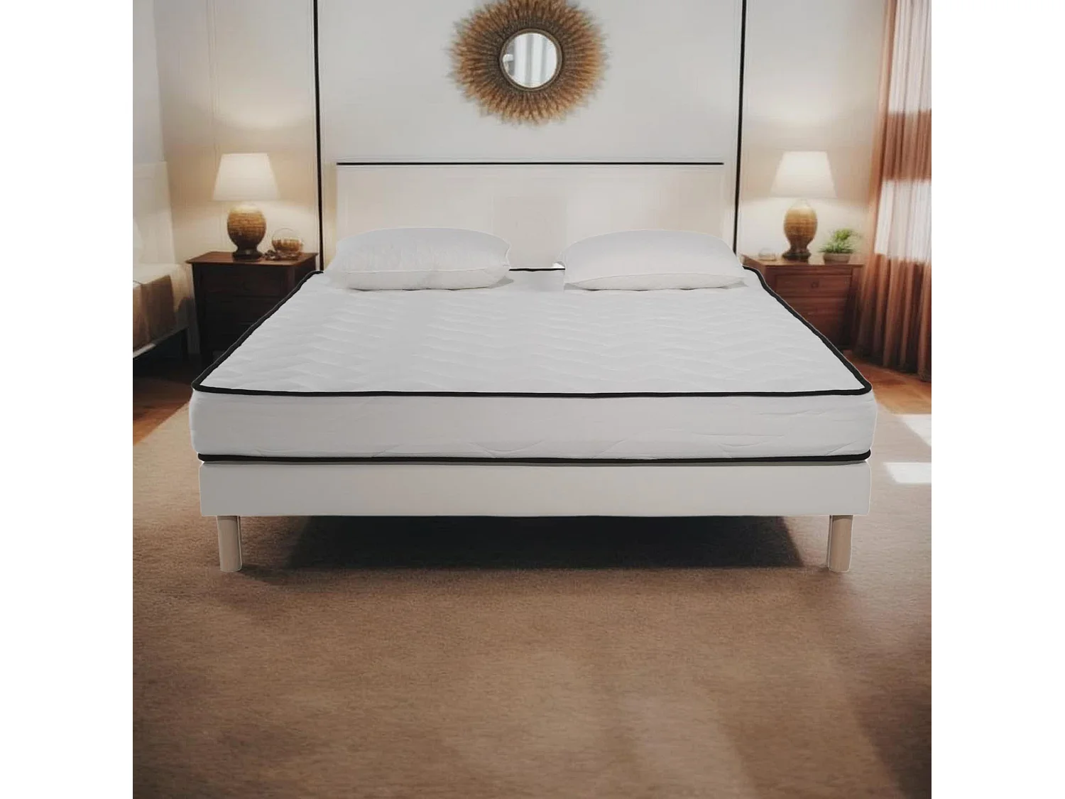 Ensemble Matelas mousse Confort 140x190cm - mousse  - 2 Oreillers 50x70 et Sommier Blanc