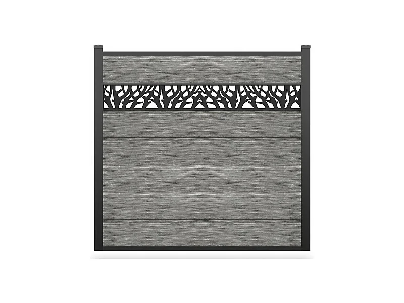 Omheining H181 cm - set van 7 latten in composiet met motief + 2 lichtgrijze palen - ENOLA