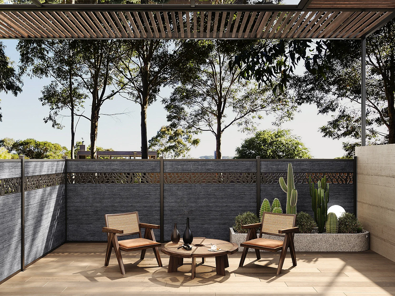 Clôture à poser H 181 cm - Kit 7 lames en composite avec décor + 2 poteaux anthracite - ENOLA