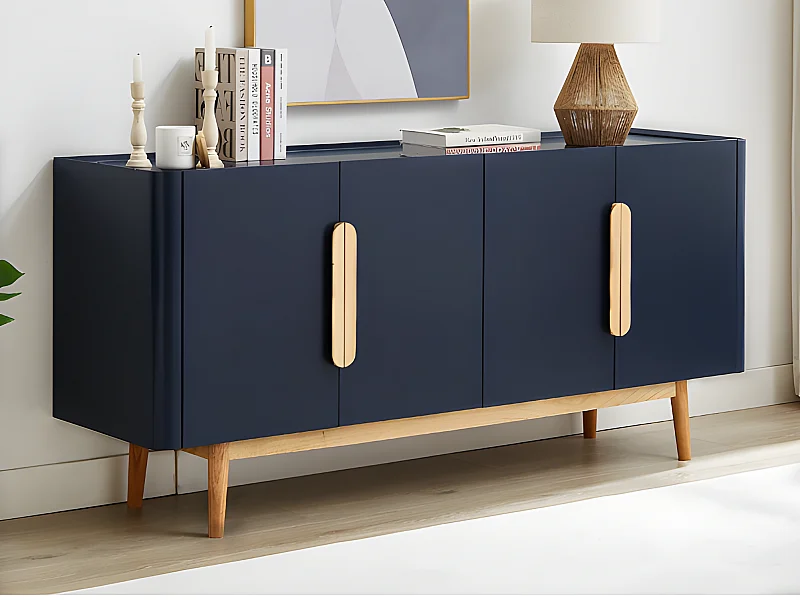 Sideboard mit 4 Türen - MDF & Kautschukholz - Blau & Holzfarben hell - DUNELON