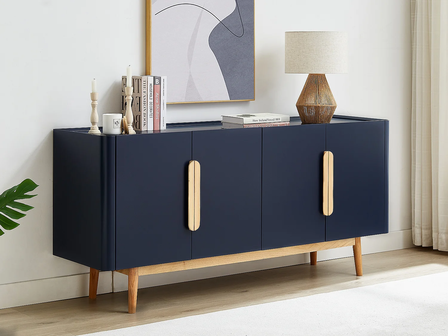 Buffet avec 4 portes en MDF et bois d'hévéa  - Bleu et Naturel clair - DUNELON