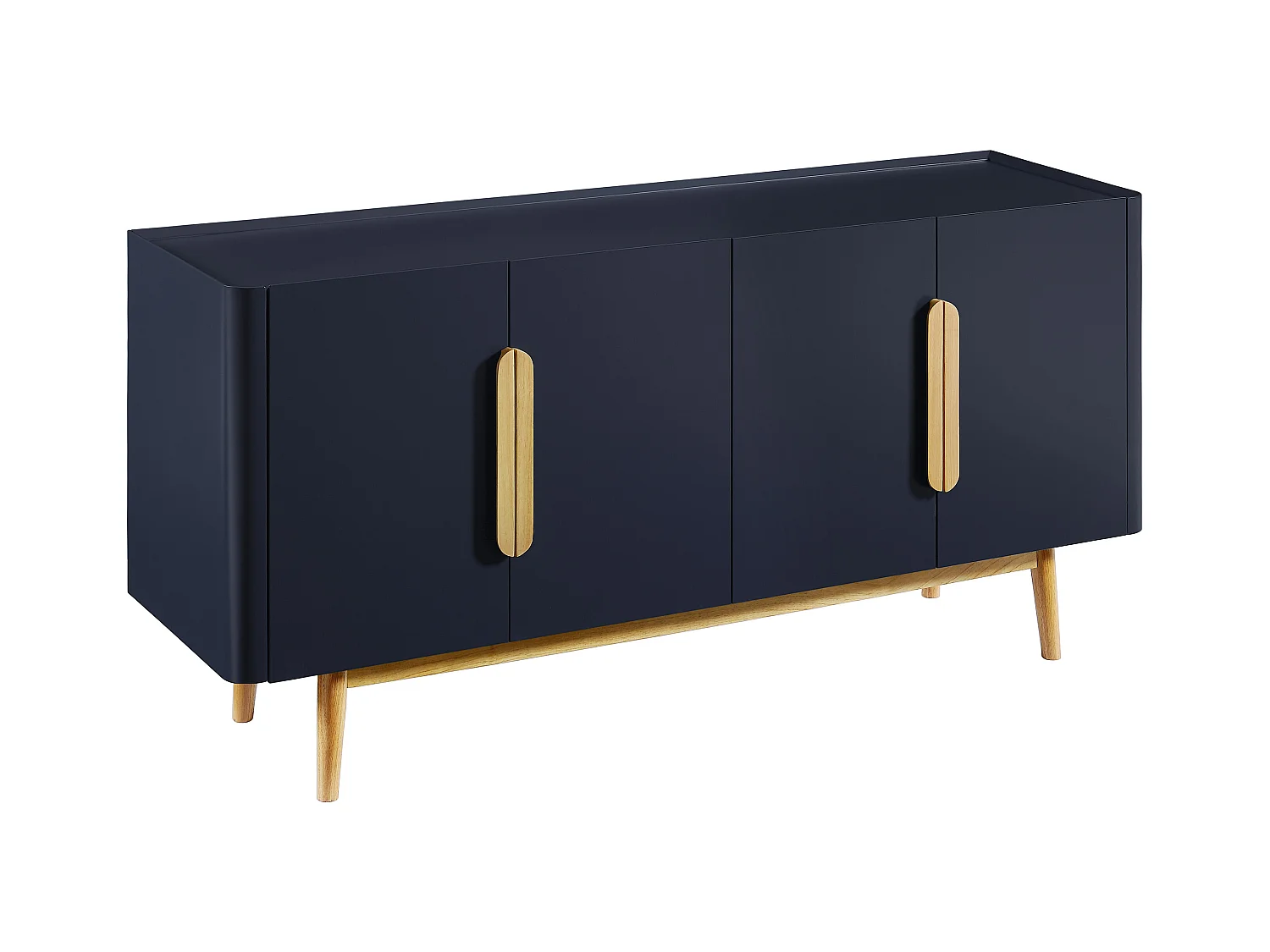 Komoda 4 drzwiowa z MDF i drewna kauczukowego - Niebieski i Naturalny jasny - DUNELON