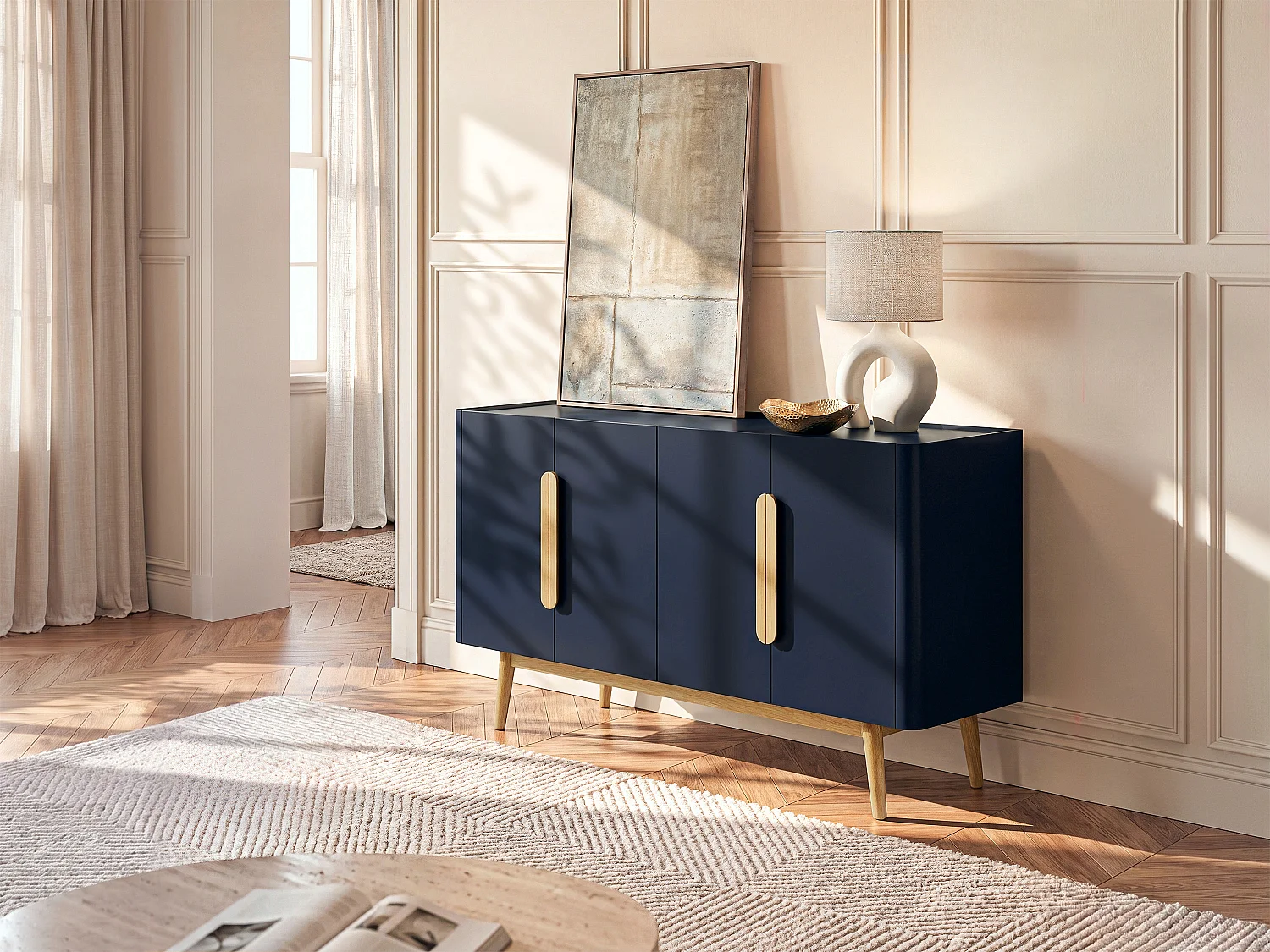Buffet avec 4 portes en MDF et bois d'hévéa  - Bleu et Naturel clair - DUNELON