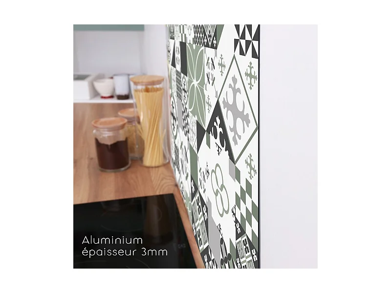 Crédence cuisine adhésive en aluminium effet carreaux de ciment vert - 200x20 cm (en 2 bandeaux)