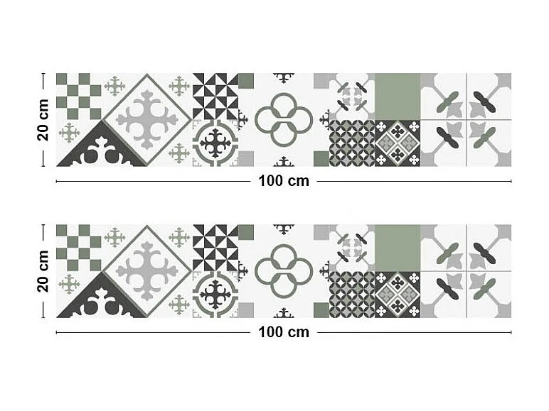 Crédence cuisine adhésive en aluminium effet carreaux de ciment vert - 200x20 cm (en 2 bandeaux)