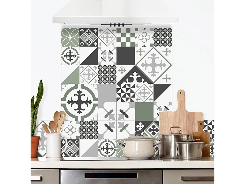Crédence cuisine adhésive en aluminium effet carreaux de ciment vert - 200x20 cm (en 2 bandeaux)