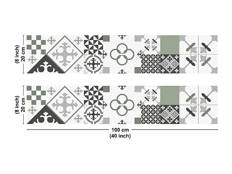 Crédence cuisine en aluminium - effet carreaux de ciment vert - 200x20 cm (en 2 bandeaux)