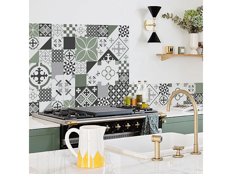 Crédence cuisine adhésive en aluminium effet carreaux de ciment vert - 200x20 cm (en 2 bandeaux)