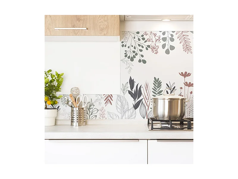 Fond de hotte adhésif en aluminium floral vert - 70x90 cm