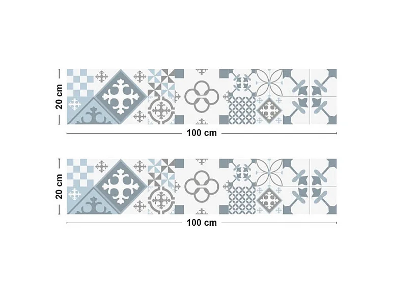 Crédence cuisine adhésive en aluminium effet carreaux de ciment bleu - 200x20 cm (en 2 bandeaux)
