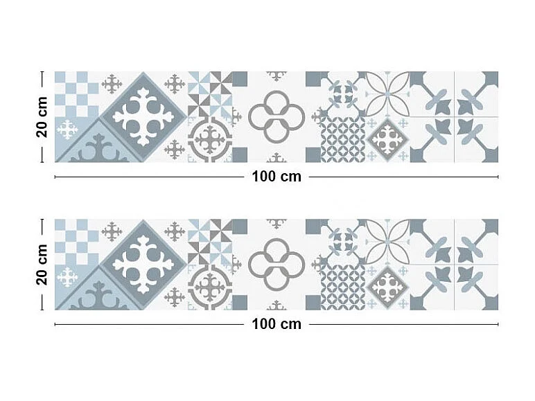 Crédence cuisine adhésive en aluminium effet carreaux de ciment bleu - 200x20 cm (en 2 bandeaux)