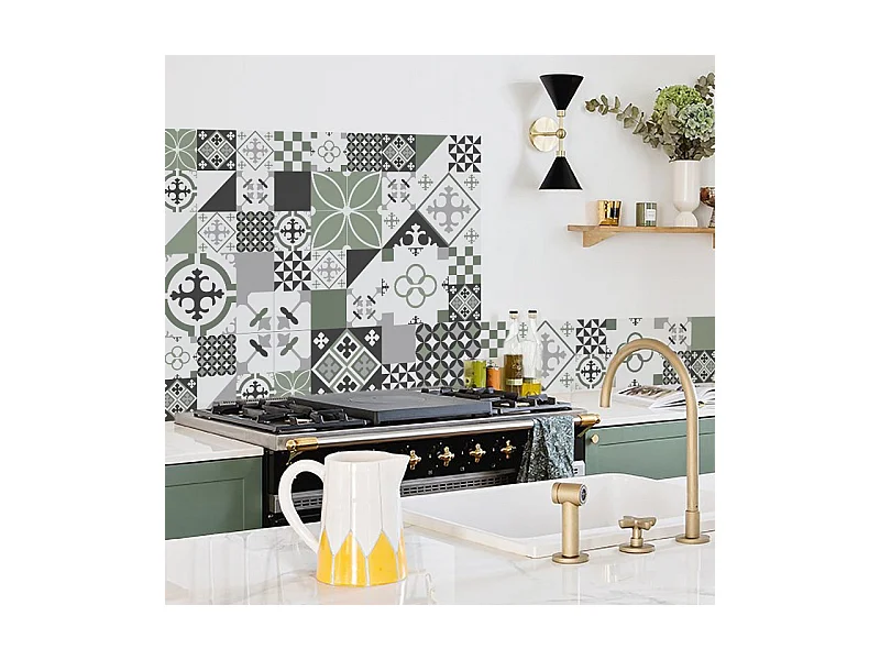 Fond de hotte adhésif en aluminium effet carreaux de ciment vert - 70x60 cm