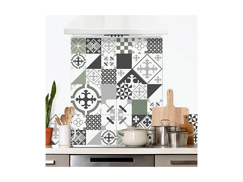 Fond de hotte adhésif en aluminium effet carreaux de ciment vert - 70x60 cm