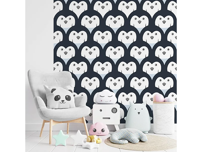 Papier peint panoramique - Pingouins - Noir - intissé : 150g/m² - 3 lés : 144x270cm