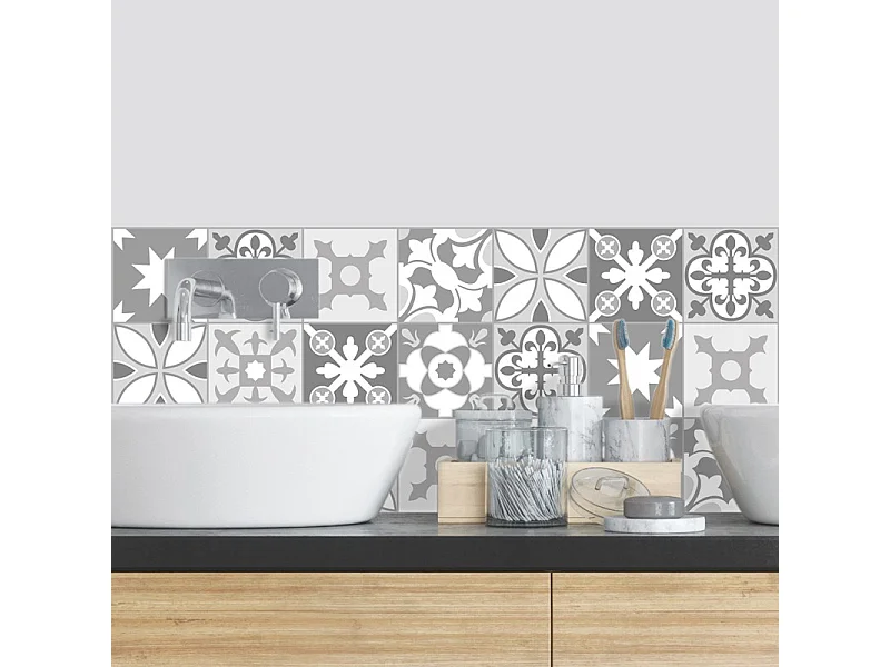 Crédence adhésive pour salle de bain en PVC style carreaux de ciment gris 140x30 cm (en 2 bandeaux)