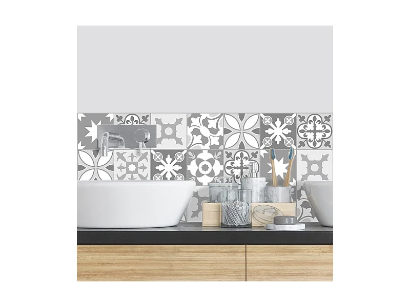 Crédence adhésive pour salle de bain en PVC style carreaux de ciment gris 140x30 cm (en 2 bandeaux)