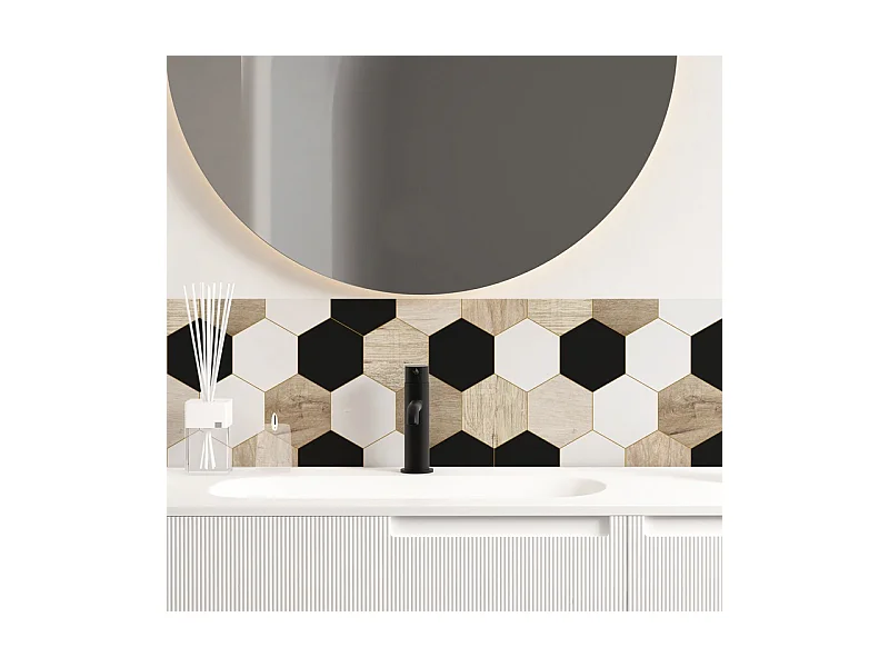 Crédence adhésive pour salle de bain en PVC style bois carreaux de ciment beige et noir 140x30 cm (en 2 bandeaux)