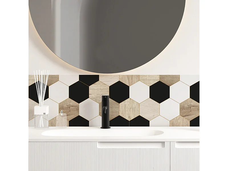 Crédence adhésive pour salle de bain en PVC style bois carreaux de ciment beige et noir 140x30 cm (en 2 bandeaux)