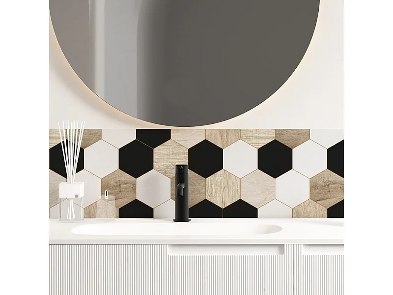 Crédence pour salle de bain en PVC style bois carreaux de ciment beige et noir 140x30 cm (en 2 bandeaux)