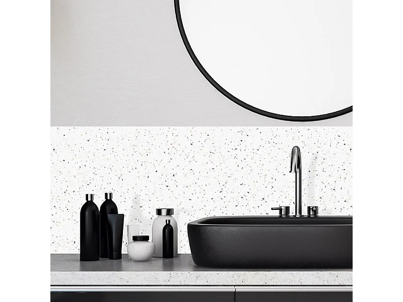 Crédence adhésive pour salle de bain en PVC style terrazzo blanc 140x30 cm (en 2 bandeaux)