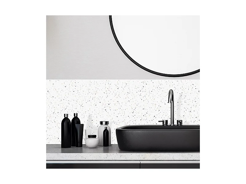Crédence adhésive pour salle de bain en PVC style terrazzo blanc 140x30 cm (en 2 bandeaux)
