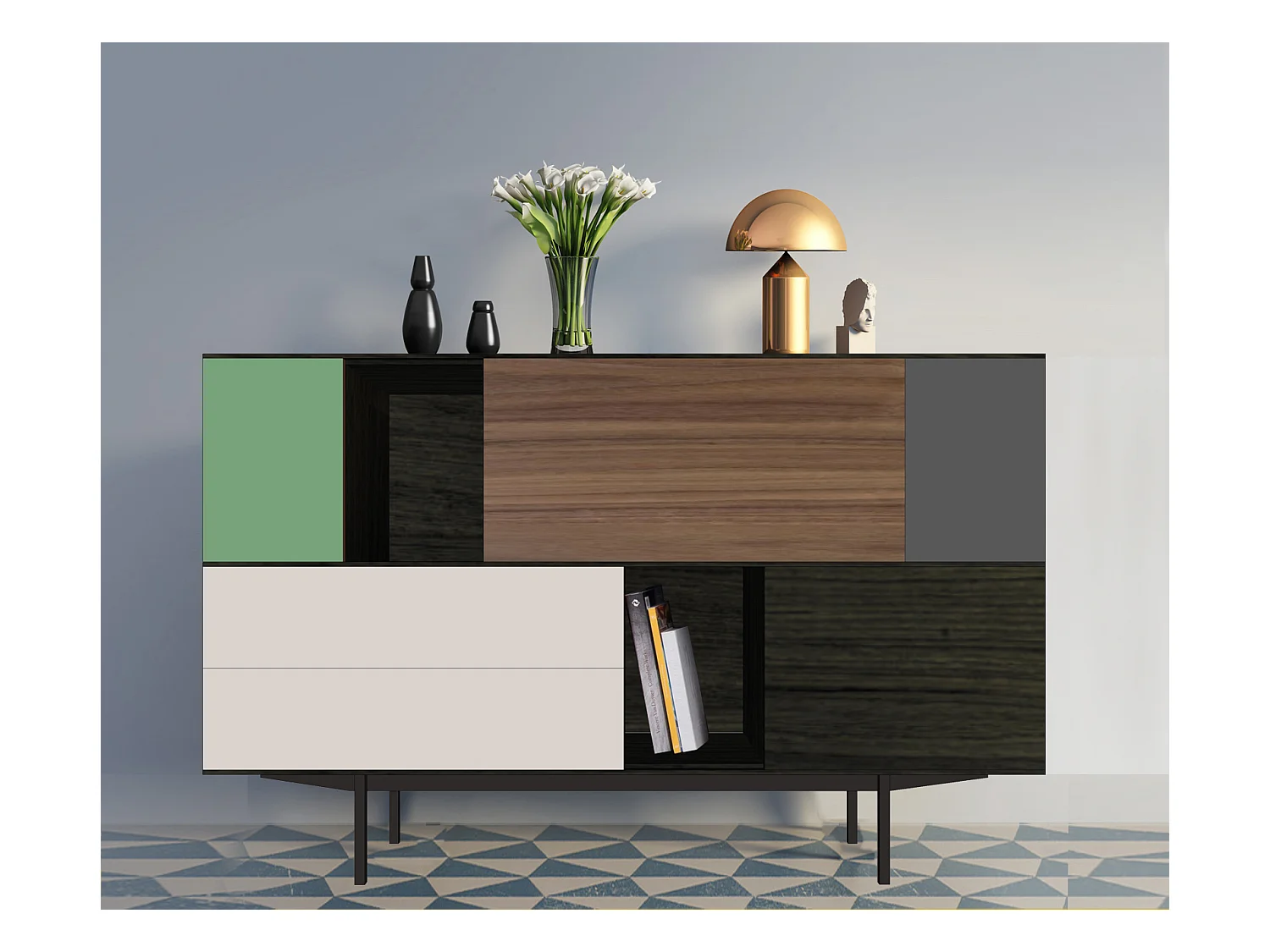 Vaisselier chêne wengé noir, noyer et laqué, 3 portes, 1 abattant, 2 tiroirs - 180L x 46P