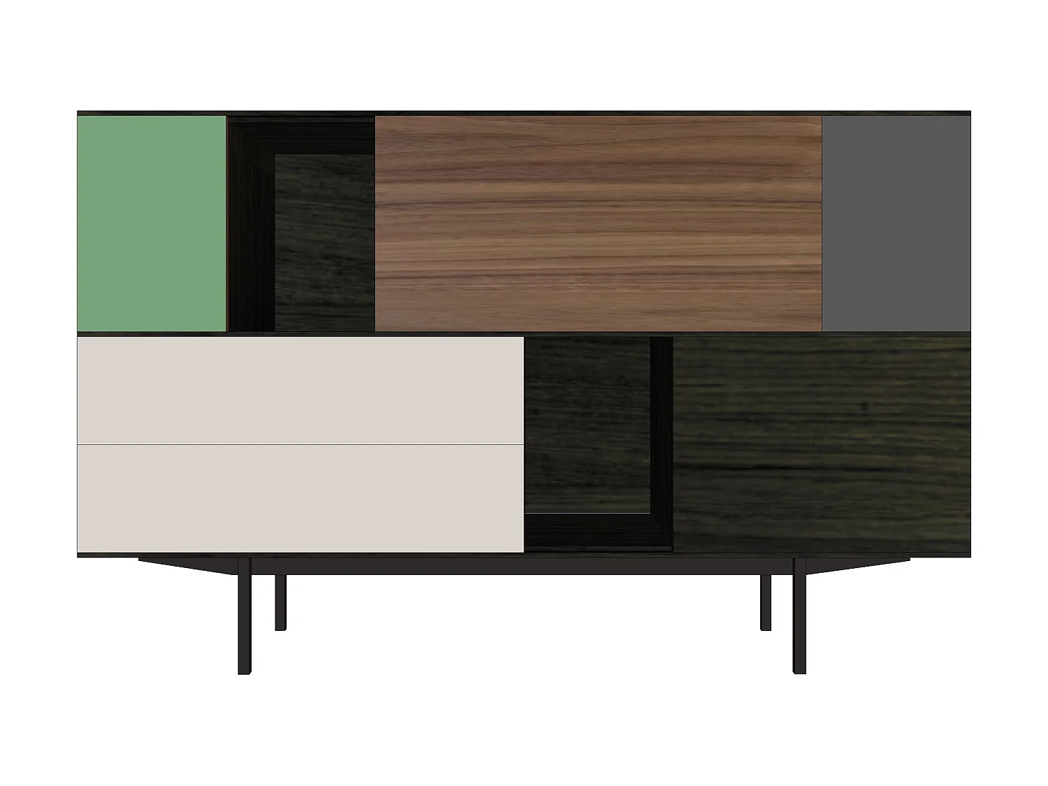 Vaisselier chêne wengé noir, noyer et laqué, 3 portes, 1 abattant, 2 tiroirs - 180L x 46P