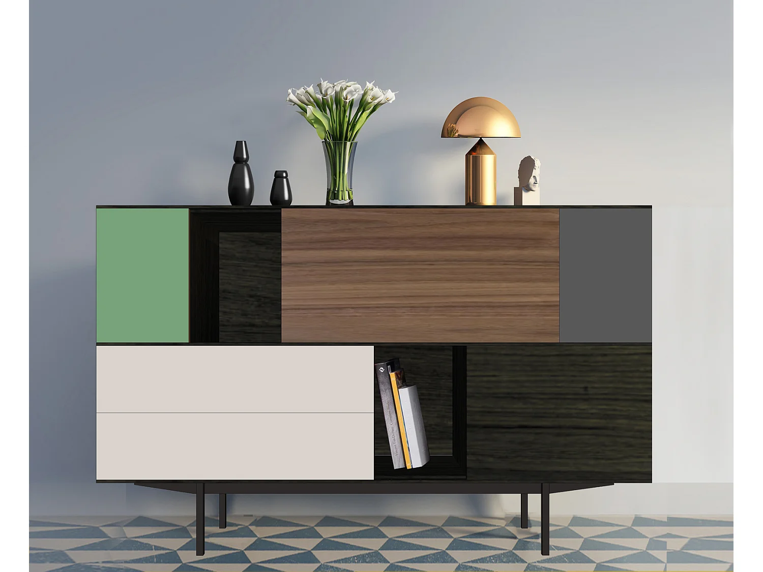 Vaisselier chêne wengé noir, noyer et laqué, 3 portes, 1 abattant, 2 tiroirs - 180L x 46P