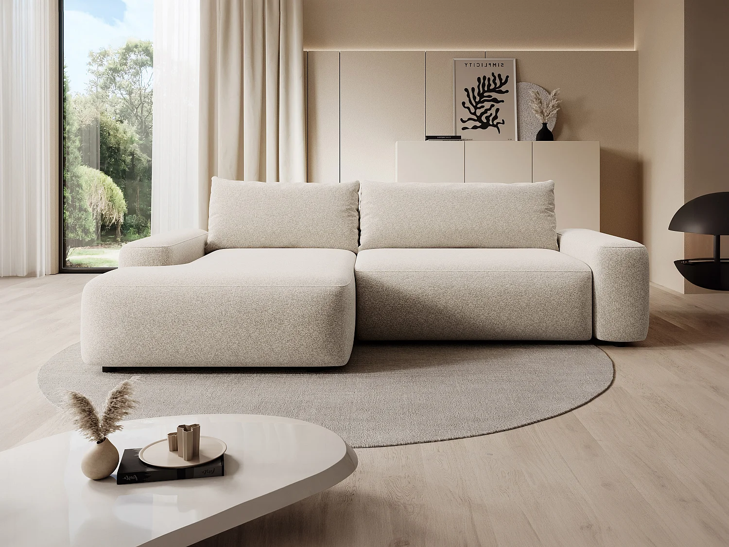 Canapé d'angle gauche convertible en tissu texturé crème DAVISO