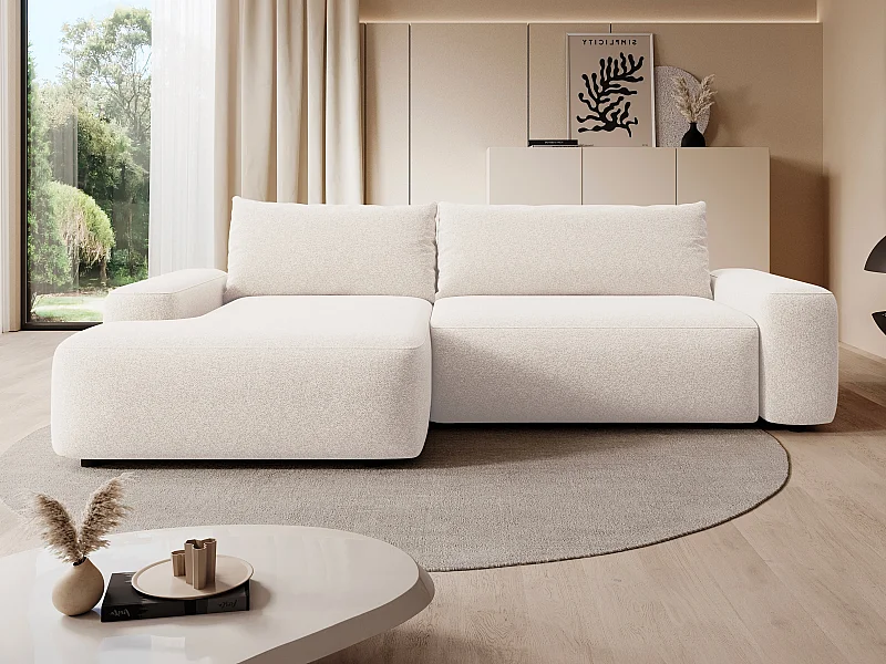 Canapé d'angle gauche convertible en tissu chiné crème DAVISO