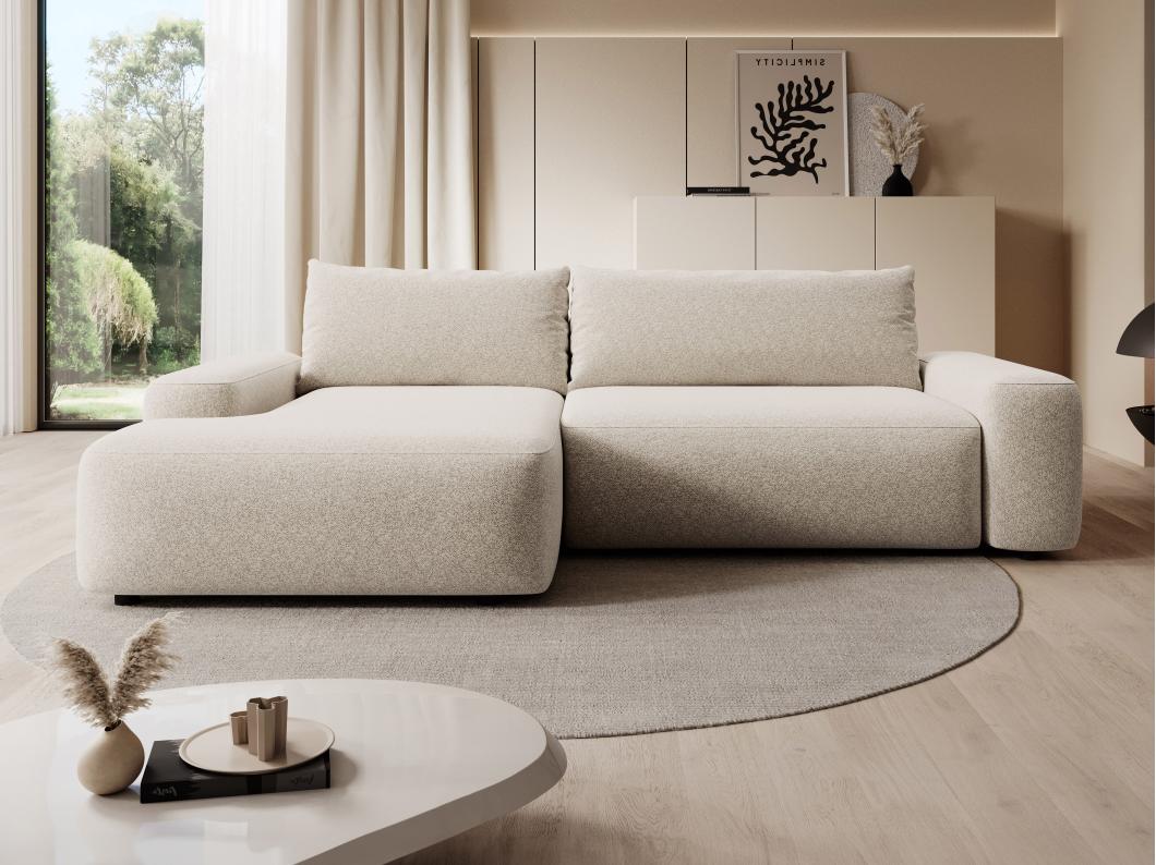 Canapé d'angle gauche convertible en tissu texturé crème DAVISO