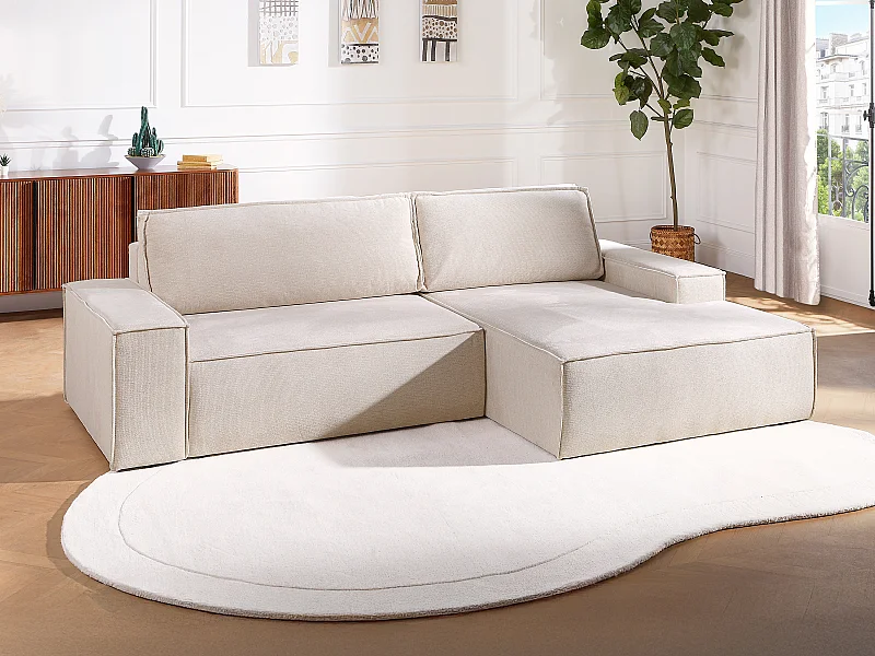 Ecksofa mit Schlaffunktion - Ecke rechts - Strukturstoff - Beige - AMELIA