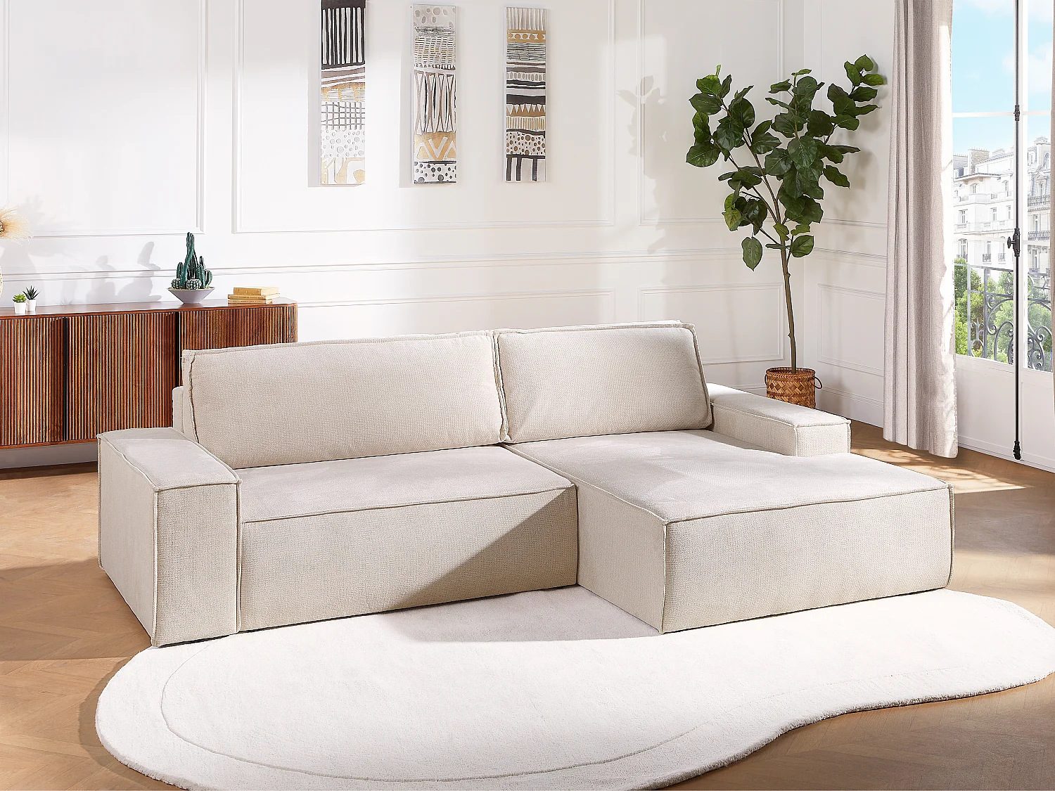 Canapé d'angle droit convertible en tissu texturé beige AMELIA