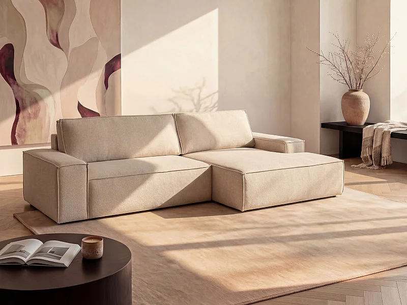 Sofá rinconera derecha convertible en tela texturizada beige AMELIA