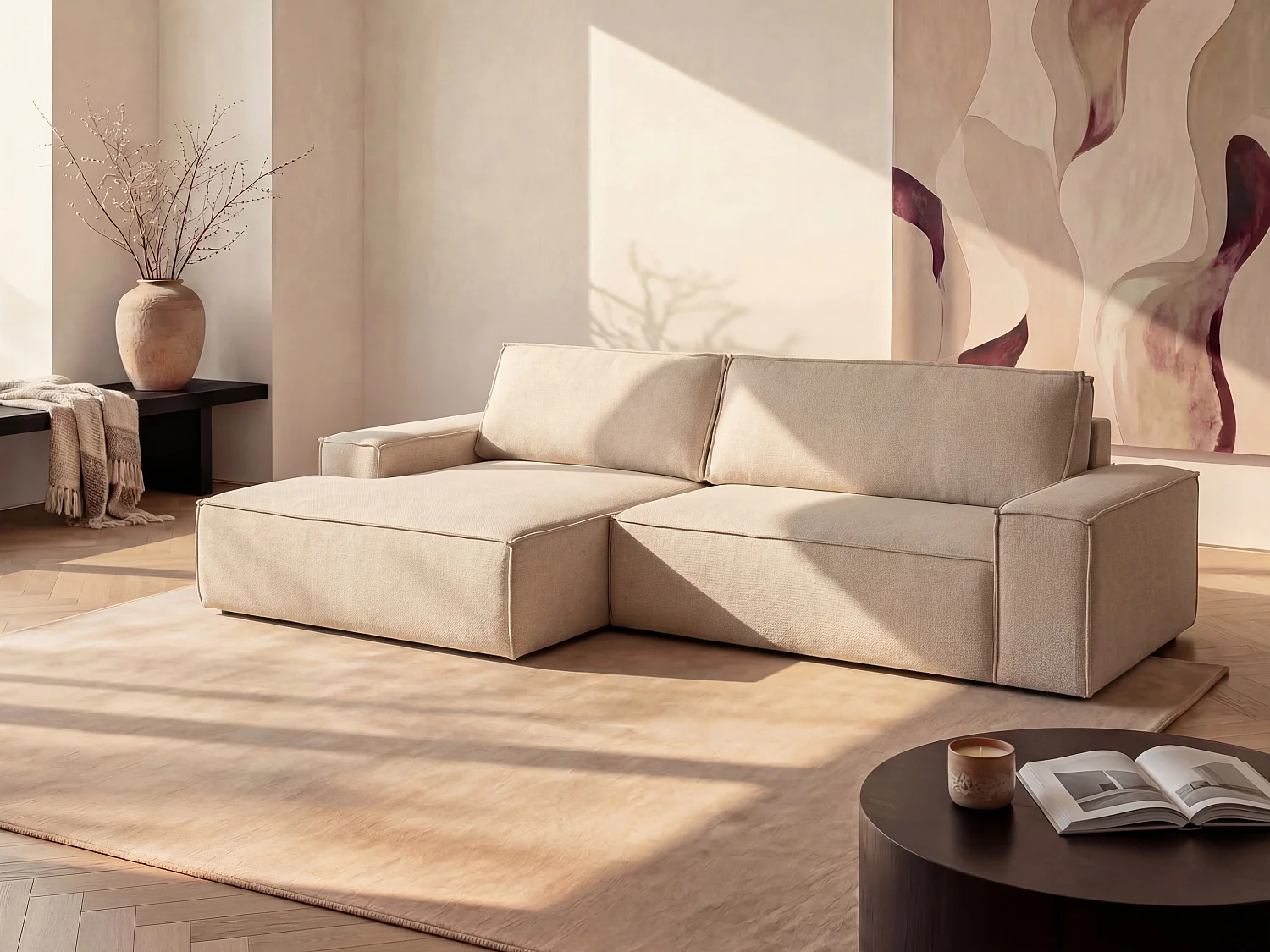 Canapé d'angle gauche convertible en tissu texturé beige AMELIA