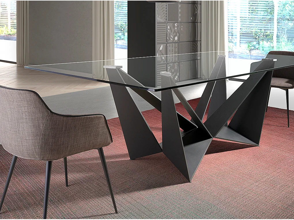 Eettafel rechthoekig gehard glas en zwart staal 1128 ANGEL CERDA
