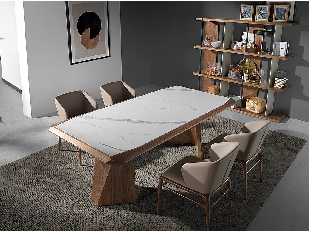 Table à manger rectangulaire marbre porcelaine et noyer 1106 ANGEL CERDA