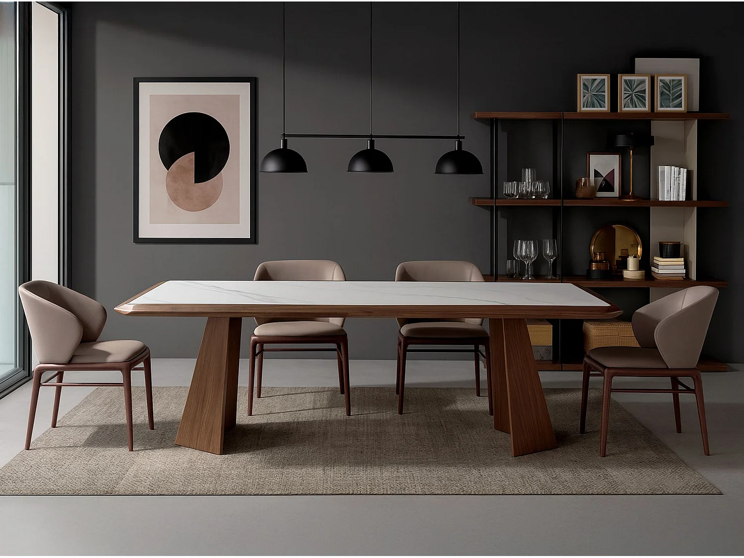 Table à manger rectangulaire marbre porcelaine et noyer 1106 ANGEL CERDA