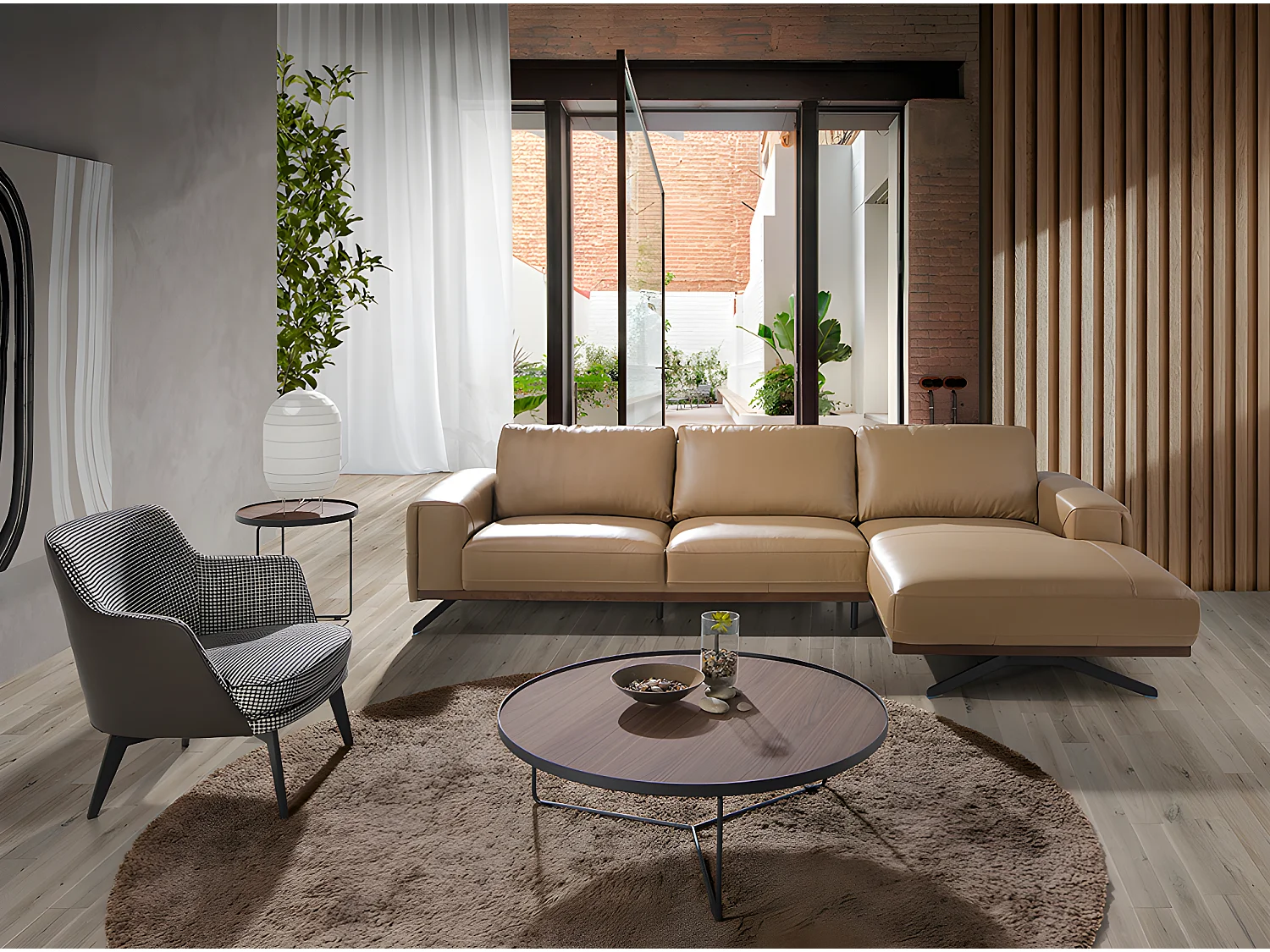 Sofá chaise longue (R) en piel y acero negro  6162 ANGEL CERDA