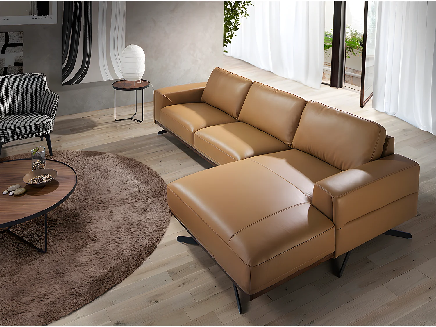 Sofá chaise longue (R) en piel y acero negro  6162 ANGEL CERDA