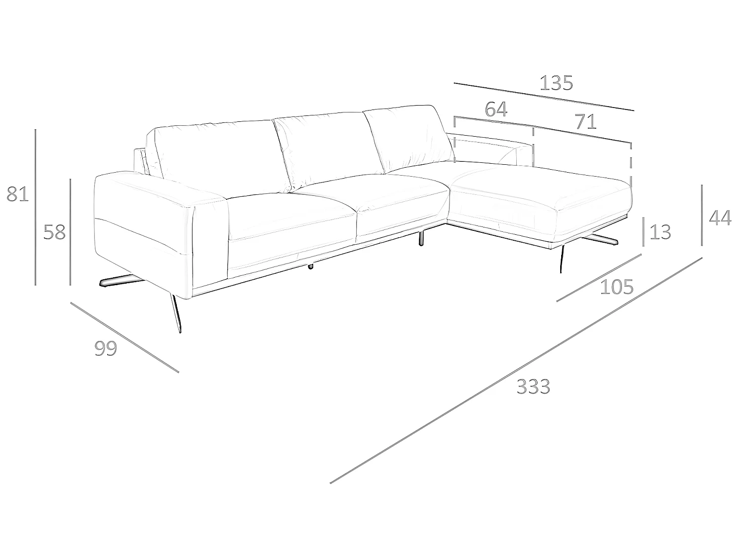 Sofá chaise longue (R) en piel y acero negro  6162 ANGEL CERDA