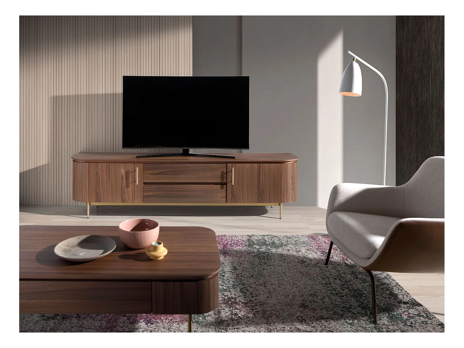 Meuble TV noyer et acier poli doré