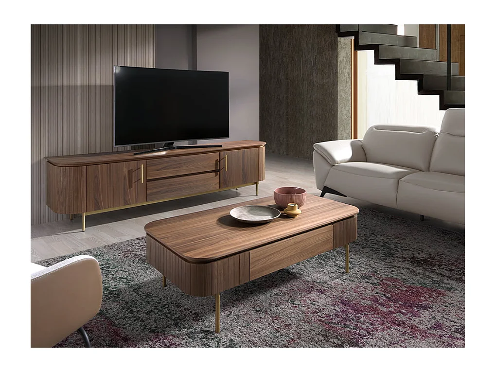 Table basse rectangulaire en noyer et acier poli or 2108 ANGEL CERDA