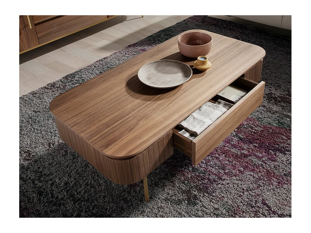 Table basse rectangulaire en noyer et acier poli or 2108 ANGEL CERDA