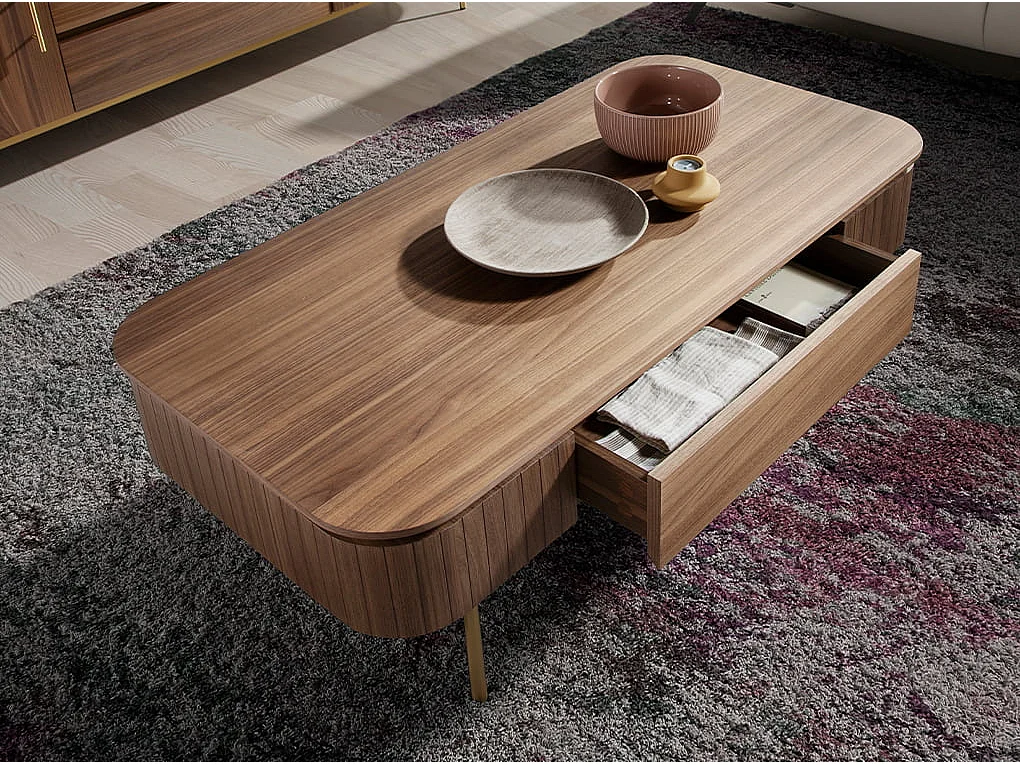 Table basse rectangulaire en noyer et acier poli or 2108 ANGEL CERDA