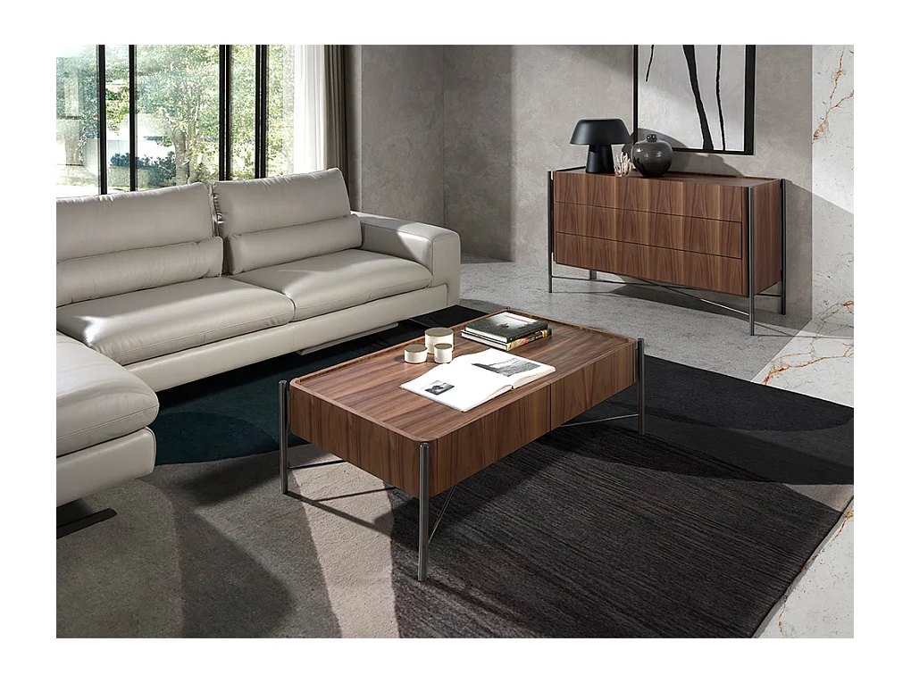 Rectangular coffee table walnut and dark steel