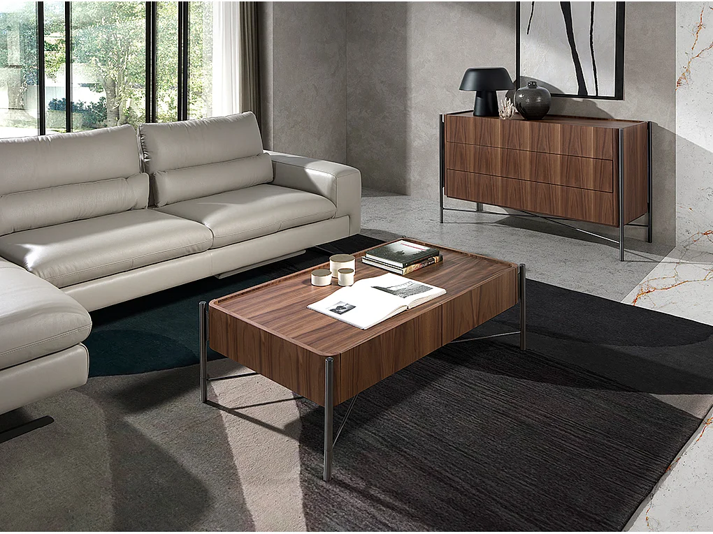 Table basse rectangulaire en noyer et acier foncé