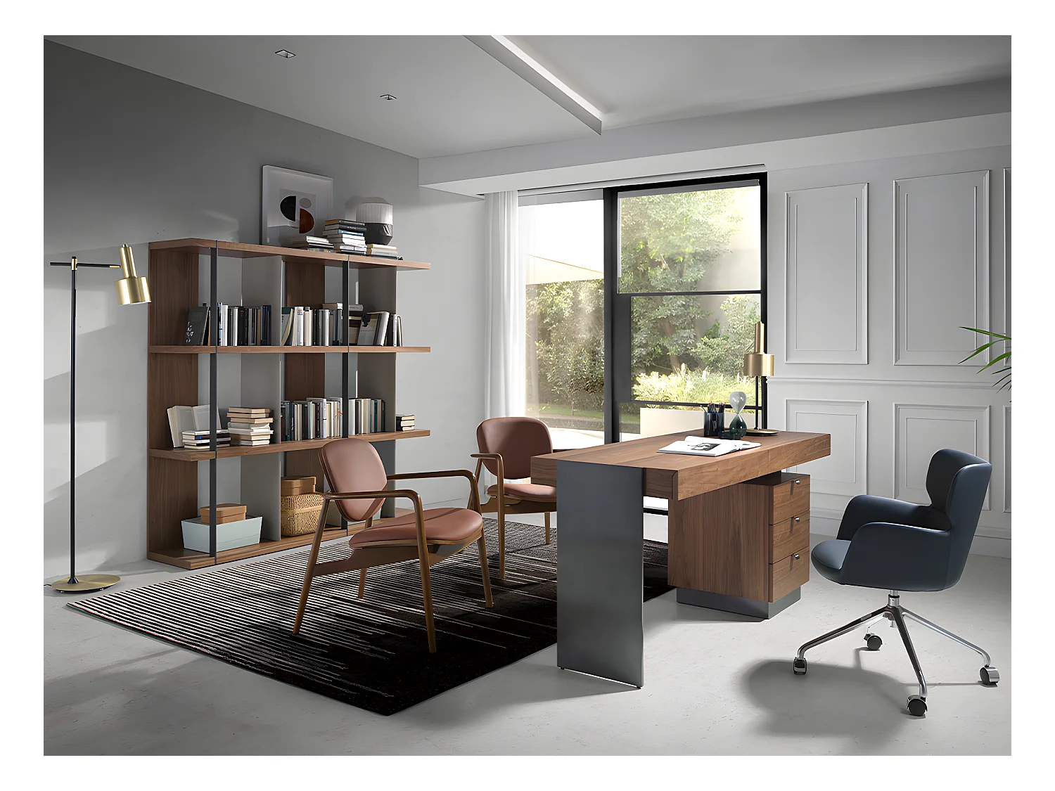 Schreibtisch Nussbaum und abgedunkelter polierter Stahl 3237 ANGEL CERDA