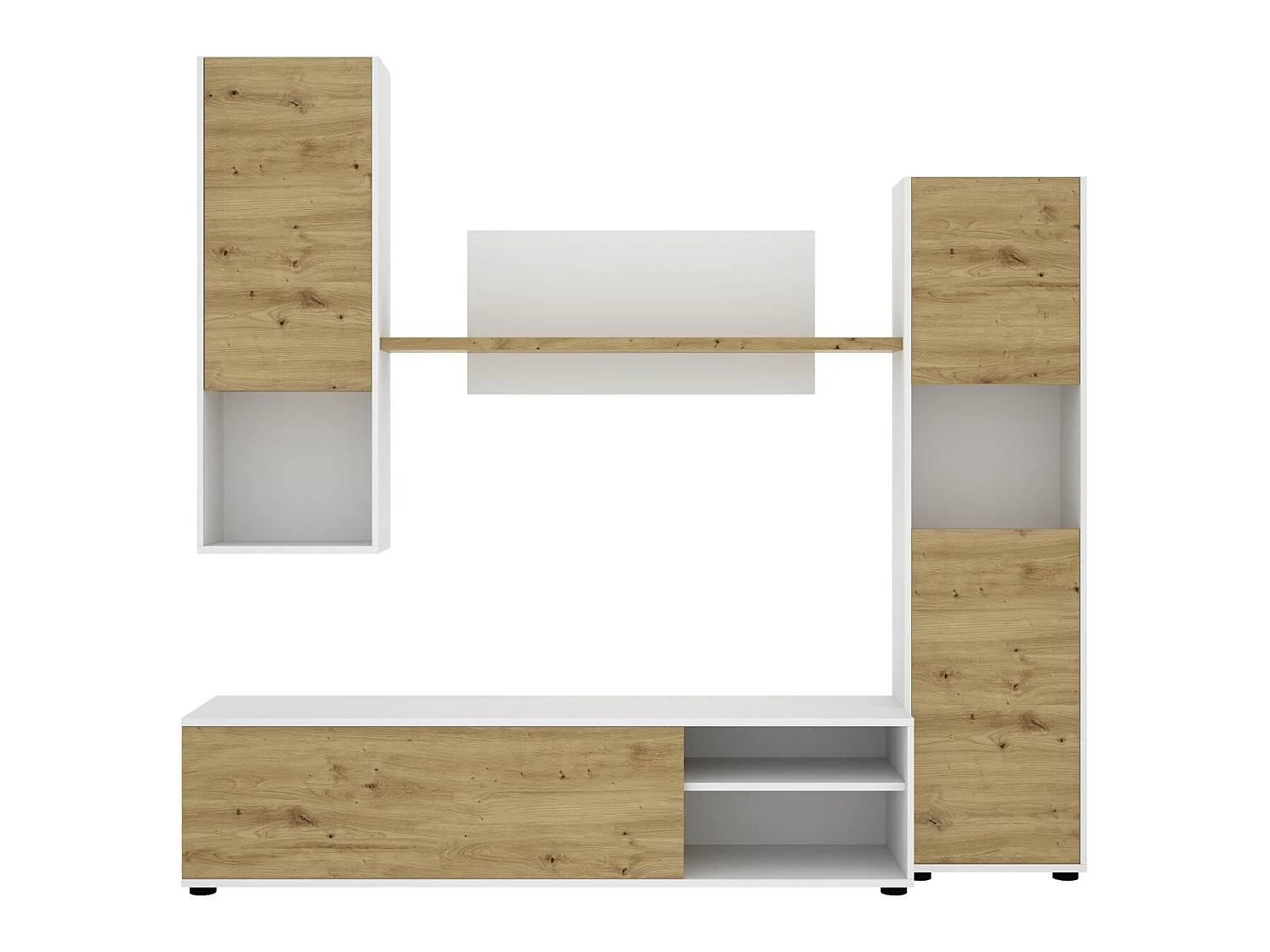 Meuble de salon en panneaux de particules coloris chêne nordique / blanc - Longueur 220 x Profondeur 41 x Hauteur 180 cm